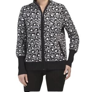 Rachel Zoe Womens M Black White Gray Leopard Animal Print Sweater Full Zip